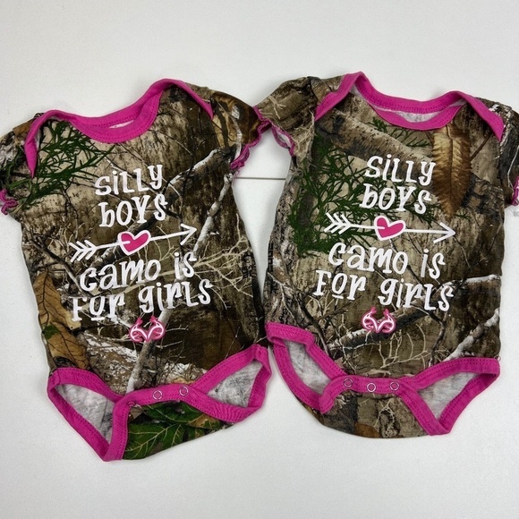 Bundle of 2 RealTree "Silly Boys Camo is for Girls" Bodysuits Sz 0-3M - Picture 1 of 4